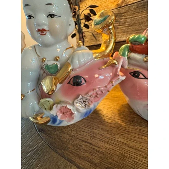 Vintage Chinese Porcelain tongzi Riding Koi Fish Figurines Gold Gilt Pair 2pc
